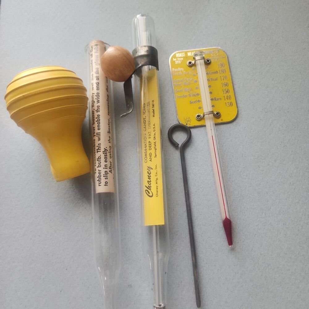 Vintage Mid-Century Chaney Kitchen Thermometer & Baster Set Candy Meat Skewer...